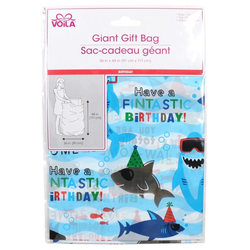 Giant Birthday Gift Bag - Blue and Gray Shark Design